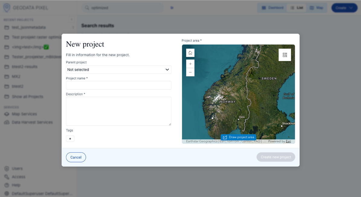 Create project dialog